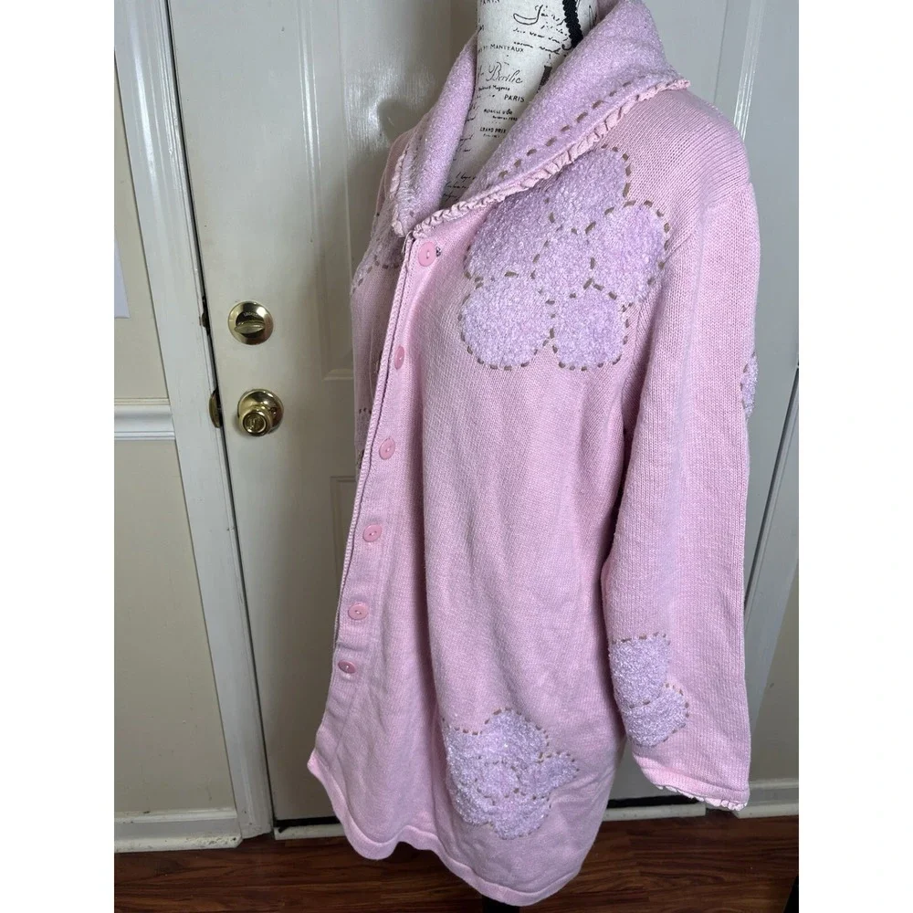 Vintage Storybook Knits Pink Size 1X Cardigan Sweater Floral Flowers Tunic Long